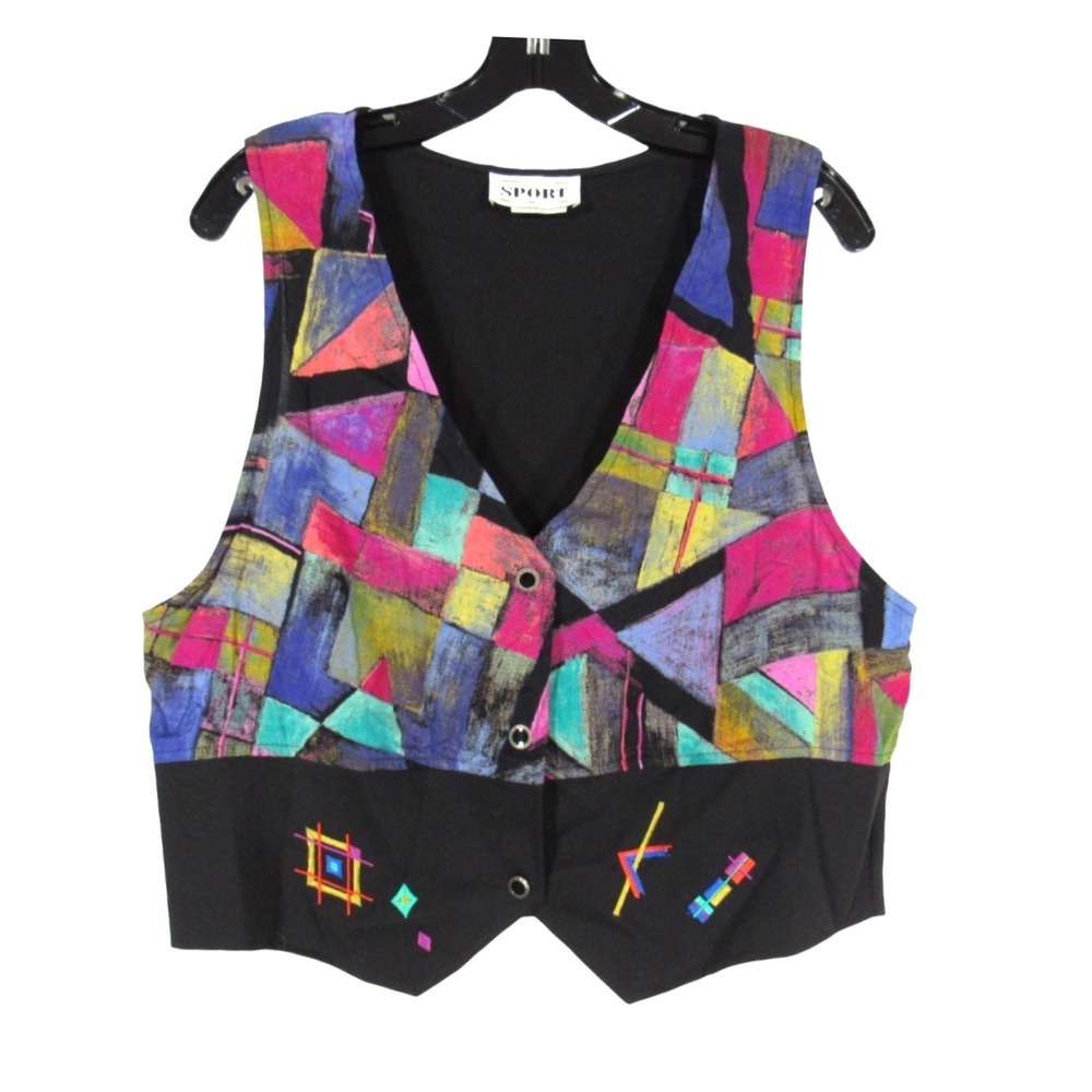 VTG SUNNY SPORT Multicolor PATCHWORK GEOMETRIC Button-Down TWILL Vest Sz 12